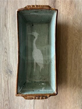 Handmade Rectangular Ceramic Baker with Heron Motif - Seafoam Green & Brown